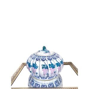 Vintage Chinoiserie Grapevine Pumpkin Jar with Lid